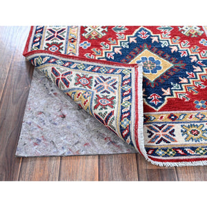 2'9"x9'8" Berry Red, Kazak with Geometric Medallions Design, Soft and Shiny Wool, Hand Knotted, Vegetable Dyes, Denser Weave, Runner, Oriental Rug Sh456 FWR2736