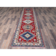 Load image into Gallery viewer, 2&#39;10&quot;x9&#39;7&quot; Crimson Red, Kazak with Geometric Medallions Design, Hand Knotted, Soft and Vibrant Wool, Vegetable Dyes, Denser Weave, Runner, Oriental Rug FWR2742
