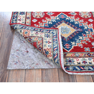 2'10"x9'7" Crimson Red, Kazak with Geometric Medallions Design, Hand Knotted, Soft and Vibrant Wool, Vegetable Dyes, Denser Weave, Runner, Oriental Rug FWR2742