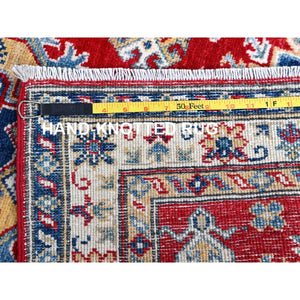 2'10"x9'7" Crimson Red, Kazak with Geometric Medallions Design, Hand Knotted, Soft and Vibrant Wool, Vegetable Dyes, Denser Weave, Runner, Oriental Rug FWR2742