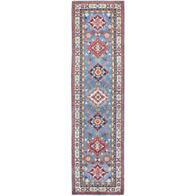 Load image into Gallery viewer, 2&#39;7&quot;x9&#39;9&quot; Carolina Blue, Kazak with Tribal Medallions Design, Soft and Shiny Wool, Vegetable Dyes, Hand Knotted, Denser Weave, Runner, Oriental Rug Sh458 FWR2748