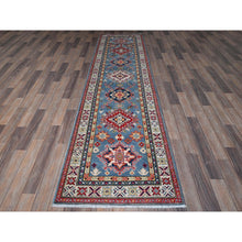 Load image into Gallery viewer, 2&#39;7&quot;x9&#39;9&quot; Carolina Blue, Kazak With Tribal Medallions Design, Soft And Shiny Wool, Vegetable Dyes, Hand Knotted, Denser Weave, Runner, Oriental Rug FWR2748