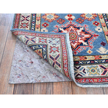 Load image into Gallery viewer, 2&#39;7&quot;x9&#39;9&quot; Carolina Blue, Kazak With Tribal Medallions Design, Soft And Shiny Wool, Vegetable Dyes, Hand Knotted, Denser Weave, Runner, Oriental Rug FWR2748