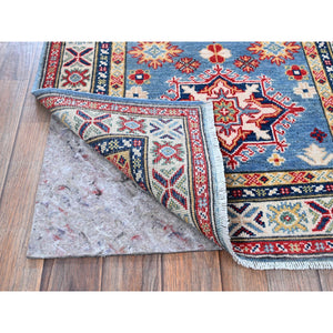 2'7"x9'9" Carolina Blue, Kazak with Tribal Medallions Design, Soft and Shiny Wool, Vegetable Dyes, Hand Knotted, Denser Weave, Runner, Oriental Rug Sh458 FWR2748