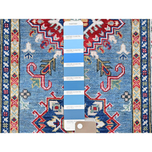 2'7"x9'9" Carolina Blue, Kazak with Tribal Medallions Design, Soft and Shiny Wool, Vegetable Dyes, Hand Knotted, Denser Weave, Runner, Oriental Rug Sh458 FWR2748