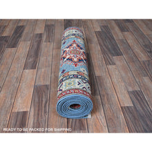 Load image into Gallery viewer, 2&#39;7&quot;x9&#39;9&quot; Carolina Blue, Kazak With Tribal Medallions Design, Soft And Shiny Wool, Vegetable Dyes, Hand Knotted, Denser Weave, Runner, Oriental Rug FWR2748