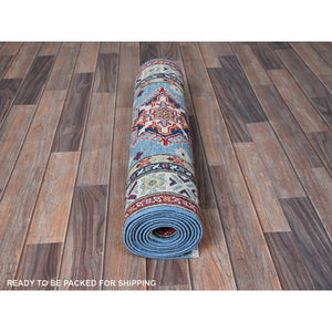 2'7"x9'9" Carolina Blue, Kazak with Tribal Medallions Design, Soft and Shiny Wool, Vegetable Dyes, Hand Knotted, Denser Weave, Runner, Oriental Rug Sh458 FWR2748