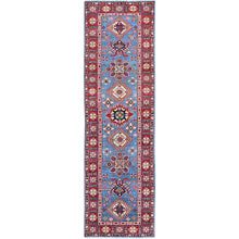 Load image into Gallery viewer, 2&#39;9&quot;x9&#39;6&quot; Carolina Blue, Kazak with Tribal Medallions Design, Hand Knotted, Soft and Velvety Wool, Vegetable Dyes, Denser Weave, Runner, Oriental Rug Sh459 FWR2754