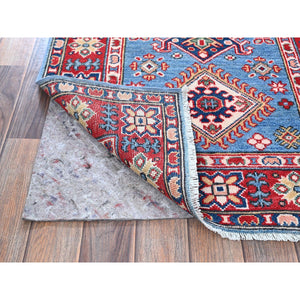 2'9"x9'6" Carolina Blue, Kazak with Tribal Medallions Design, Hand Knotted, Soft and Velvety Wool, Vegetable Dyes, Denser Weave, Runner, Oriental Rug Sh459 FWR2754