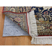 Load image into Gallery viewer, 4&#39;4&quot;x6&#39;8&quot; Navy Blue Vintage Persian Silk Qum Hunting Design With Poetry Hand-Knotted Oriental Rug FWR277164