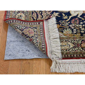 4'4"x6'8" Navy Blue Vintage Persian Silk Qum Hunting Design With Poetry Hand-Knotted Oriental Rug FWR277164