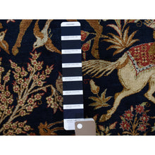 Load image into Gallery viewer, 4&#39;4&quot;x6&#39;8&quot; Navy Blue Vintage Persian Silk Qum Hunting Design With Poetry Hand-Knotted Oriental Rug FWR277164