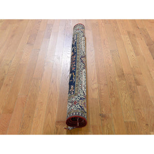 4'4"x6'8" Navy Blue Vintage Persian Silk Qum Hunting Design With Poetry Hand-Knotted Oriental Rug FWR277164