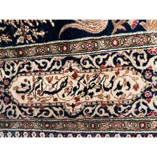 Load image into Gallery viewer, 4&#39;4&quot;x6&#39;8&quot; Navy Blue Vintage Persian Silk Qum Hunting Design With Poetry Hand-knotted Oriental Rug FWR277164
