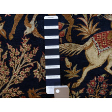 Load image into Gallery viewer, 4&#39;4&quot;x6&#39;8&quot; Navy Blue Vintage Persian Silk Qum Hunting Design With Poetry Hand-knotted Oriental Rug FWR277164