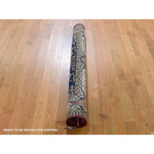 Load image into Gallery viewer, 4&#39;4&quot;x6&#39;8&quot; Navy Blue Vintage Persian Silk Qum Hunting Design With Poetry Hand-knotted Oriental Rug FWR277164