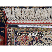 Load image into Gallery viewer, 4&#39;4&quot;x6&#39;8&quot; Navy Blue Vintage Persian Silk Qum Hunting Design With Poetry Hand-knotted Oriental Rug FWR277164