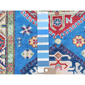 2'9"x8'2" Bayern Blue, Kazak with Tribal Medallions Design, Hand Knotted, Soft and Velvety Wool, Denser Weave, Vegetable Dyes, Runner, Oriental Rug Sh461 FWR2766