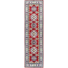 Load image into Gallery viewer, 2&#39;8&quot;x9&#39;6&quot; Crimson Red, Kazak with Geometric Medallions Design, Hand Knotted, Soft and Shiny Wool, Vegetable Dyes, Denser Weave, Runner, Oriental Rug Sh463 FWR2778