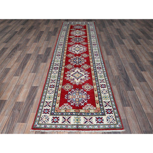 2'8"x9'6" Crimson Red, Kazak with Geometric Medallions Design, Hand Knotted, Soft and Shiny Wool, Vegetable Dyes, Denser Weave, Runner, Oriental Rug Sh463 FWR2778