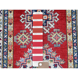 2'8"x9'6" Crimson Red, Kazak with Geometric Medallions Design, Hand Knotted, Soft and Shiny Wool, Vegetable Dyes, Denser Weave, Runner, Oriental Rug Sh463 FWR2778