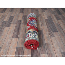 Load image into Gallery viewer, 2&#39;8&quot;x9&#39;6&quot; Crimson Red, Kazak with Geometric Medallions Design, Hand Knotted, Soft and Shiny Wool, Vegetable Dyes, Denser Weave, Runner, Oriental Rug Sh463 FWR2778