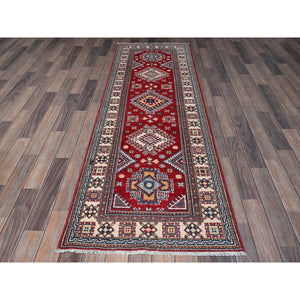 2'6"x7'9" Berry Red, Kazak with Geometric Medallions Design, Soft and Velvety Wool, Hand Knotted, Vegetable Dyes, Denser Weave, Runner, Oriental Rug Sh464 FWR2784