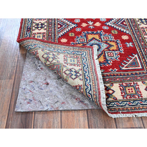 2'6"x7'9" Berry Red, Kazak with Geometric Medallions Design, Soft and Velvety Wool, Hand Knotted, Vegetable Dyes, Denser Weave, Runner, Oriental Rug Sh464 FWR2784