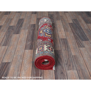 2'6"x7'9" Berry Red, Kazak with Geometric Medallions Design, Soft and Velvety Wool, Hand Knotted, Vegetable Dyes, Denser Weave, Runner, Oriental Rug Sh464 FWR2784