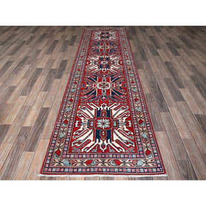 2'9"x9'10" Crimson Red, Eagle Kazak with Tribal Medallions Design, Soft and Shiny Wool, Hand Knotted, Vegetable Dyes, Denser Weave, Runner, Oriental Rug Sh466 FWR2796