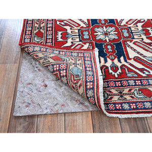 2'9"x9'10" Crimson Red, Eagle Kazak with Tribal Medallions Design, Soft and Shiny Wool, Hand Knotted, Vegetable Dyes, Denser Weave, Runner, Oriental Rug Sh466 FWR2796