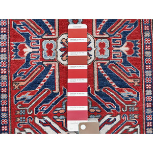 2'9"x9'10" Crimson Red, Eagle Kazak with Tribal Medallions Design, Soft and Shiny Wool, Hand Knotted, Vegetable Dyes, Denser Weave, Runner, Oriental Rug Sh466 FWR2796