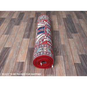 2'9"x9'10" Crimson Red, Eagle Kazak with Tribal Medallions Design, Soft and Shiny Wool, Hand Knotted, Vegetable Dyes, Denser Weave, Runner, Oriental Rug Sh466 FWR2796