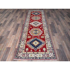 2'7"x8'1" Arsenal Red, Kazak with Tribal Medallions Design, Hand Knotted, Soft and Velvety Wool, Vegetable Dyes, Denser Weave, Runner, Oriental Rug Sh468 FWR2808