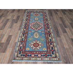 2'8"x6'8" Carolina Blue, Kazak with Tribal Medallion Design, Hand Knotted, Soft and Velvety Wool, Vegetable Dyes, Denser Weave, Runner, Oriental Rug Sh469 FWR2814