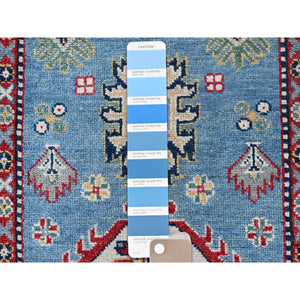 2'8"x6'8" Carolina Blue, Kazak with Tribal Medallion Design, Hand Knotted, Soft and Velvety Wool, Vegetable Dyes, Denser Weave, Runner, Oriental Rug Sh469 FWR2814