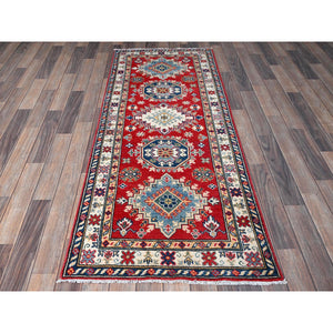 2'7"x6'8" Arsenal Red, Kazak with Geometric Medallions Design, Soft and Shiny Wool, Hand Knotted, Vegetable Dyes, Denser Weave, Runner, Oriental Rug Sh470 FWR2820
