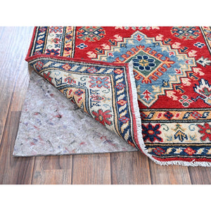 2'7"x6'8" Arsenal Red, Kazak with Geometric Medallions Design, Soft and Shiny Wool, Hand Knotted, Vegetable Dyes, Denser Weave, Runner, Oriental Rug Sh470 FWR2820