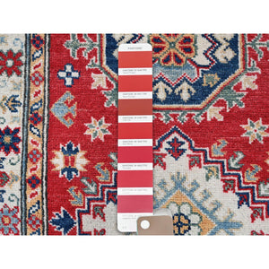 2'7"x6'8" Arsenal Red, Kazak with Geometric Medallions Design, Soft and Shiny Wool, Hand Knotted, Vegetable Dyes, Denser Weave, Runner, Oriental Rug Sh470 FWR2820