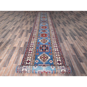 3'4"x19'6" Bayern Blue, Kazak with Geometric Medallions Design, Soft and Shiny Wool, Hand Knotted, Vegetable Dyes, Denser Weave, XL Wide Runner, Oriental Rug FWR2826