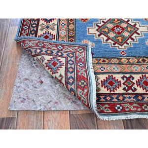 3'4"x19'6" Bayern Blue, Kazak with Geometric Medallions Design, Soft and Shiny Wool, Hand Knotted, Vegetable Dyes, Denser Weave, XL Wide Runner, Oriental Rug FWR2826