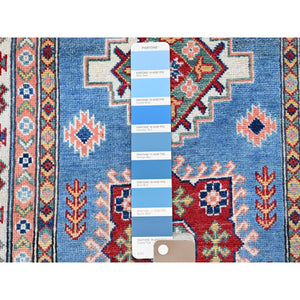 3'4"x19'6" Bayern Blue, Kazak with Geometric Medallions Design, Soft and Shiny Wool, Hand Knotted, Vegetable Dyes, Denser Weave, XL Wide Runner, Oriental Rug FWR2826