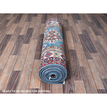 Load image into Gallery viewer, 3&#39;4&quot;x19&#39;6&quot; Bayern Blue, Kazak with Geometric Medallions Design, Soft and Shiny Wool, Hand Knotted, Vegetable Dyes, Denser Weave, XL Wide Runner, Oriental Rug FWR2826
