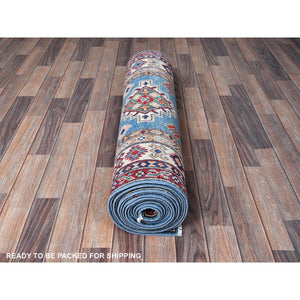3'4"x19'6" Bayern Blue, Kazak with Geometric Medallions Design, Soft and Shiny Wool, Hand Knotted, Vegetable Dyes, Denser Weave, XL Wide Runner, Oriental Rug FWR2826