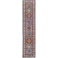 Load image into Gallery viewer, 2&#39;9&quot;x12&#39;6&quot; Dove Gray, Kazak with Tribal Medallions Design, Hand Knotted, Soft and Velvety Wool, Vegetable Dyes, Denser Weave, Runner, Oriental Rug Sh472 FWR2832