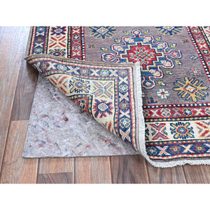 2'9"x12'6" Dove Gray, Kazak with Tribal Medallions Design, Hand Knotted, Soft and Velvety Wool, Vegetable Dyes, Denser Weave, Runner, Oriental Rug Sh472 FWR2832