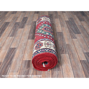 2'9"x12'10" Chili Red, Kazak with Tribal Medallions Design, Hand Knotted, Soft and Velvety Wool, Denser Weave, Vegetable Dyes, Runner, Oriental Rug Sh474 FWR2844