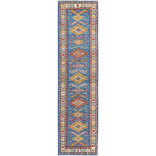Load image into Gallery viewer, 2&#39;9&quot;x11&#39;2&quot; Carolina Blue, Kazak with Tribal Medallions Design, Hand Knotted, Soft and Velvety Wool, Vegetable Dyes, Denser Weave, Runner, Oriental Rug Sh475 FWR2850
