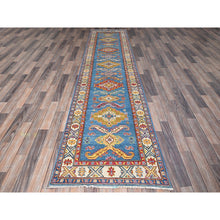 Load image into Gallery viewer, 2&#39;9&quot;x11&#39;2&quot; Carolina Blue, Kazak with Tribal Medallions Design, Hand Knotted, Soft and Velvety Wool, Vegetable Dyes, Denser Weave, Runner, Oriental Rug Sh475 FWR2850