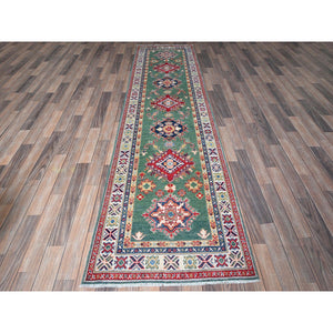 2'8"x9'10" Marine Green, Kazak with Geometric Medallions Design, Hand Knotted, Soft and Velvety Wool, Vegetable Dyes, Denser Weave, Runner, Oriental Rug Sh476 FWR2856